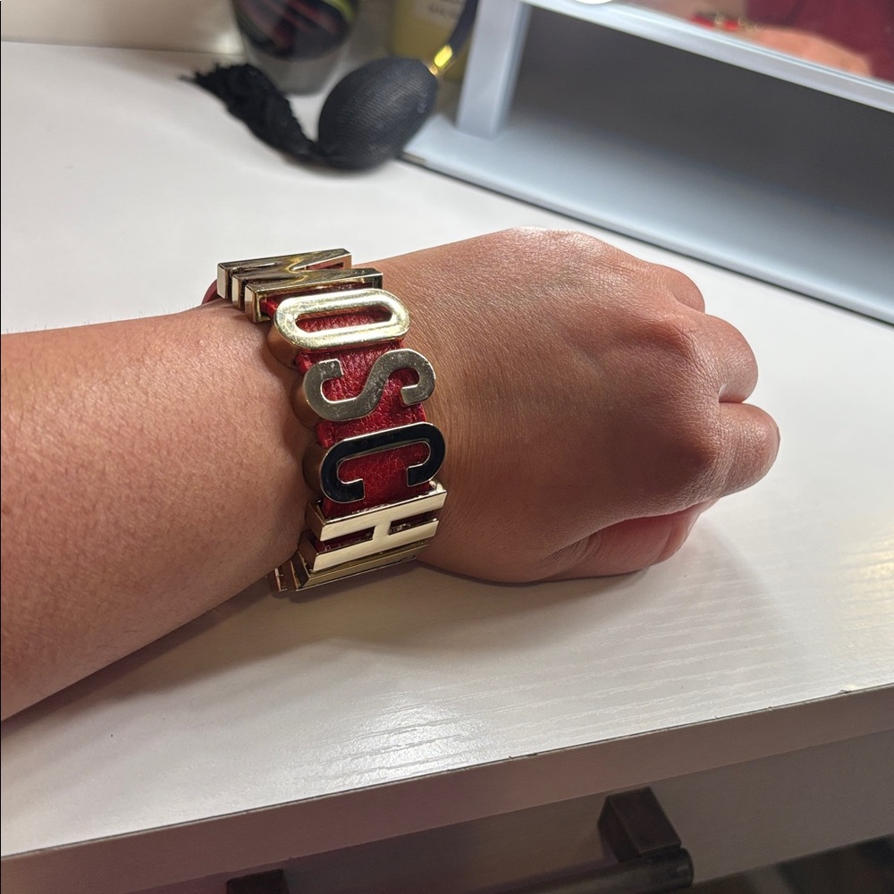 Vintage Moschino Red Leather Logo Bracelet
